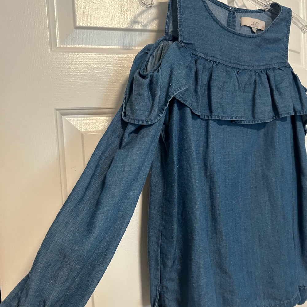 LOFT Denim Blue Ruffle Blouse - Picture 2 of 5